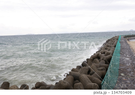 冬の曇り空と荒れた瀬戸内海を望む波消しブロックの海岸風景。愛媛県伊予市。 冬の曇り空と荒れた瀬戸内海を望む波消しブロックの海岸風景。愛媛県伊予市。 134703409
