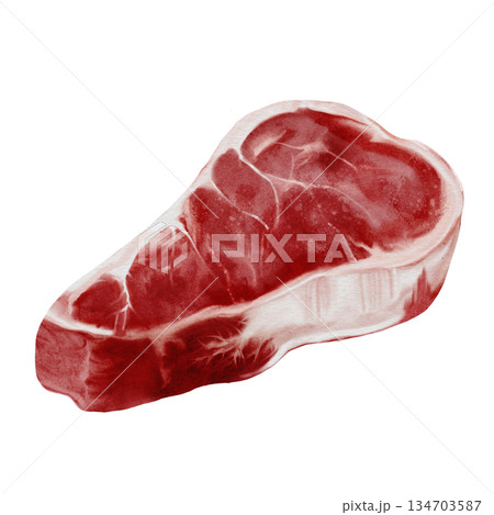 A piece of red fresh farm meat watercolor illustration. Food clip art. Hand-drawn organic cow, or pork, or lamb meat on a white background. Perfect for cookbook design, restaurant menus, and butcher 134703587