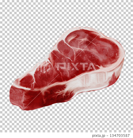 A piece of red fresh farm meat watercolor illustration. Food clip art. Hand-drawn organic cow, or pork, or lamb meat on a white background. Perfect for cookbook design, restaurant menus, and butcher 134703587