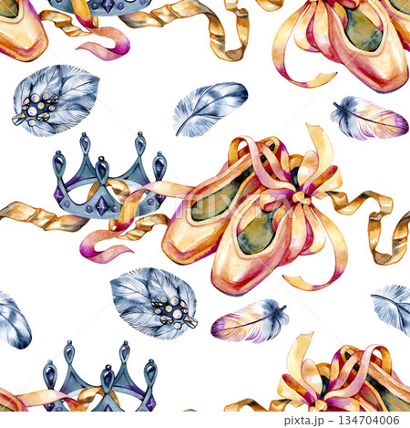 Elegant watercolor seamless pattern inspired by classical ballet. Pointe shoes, crowns, ribbons and feathers create a romantic, graceful composition ideal for fashion, stationery, textiles and 134704006
