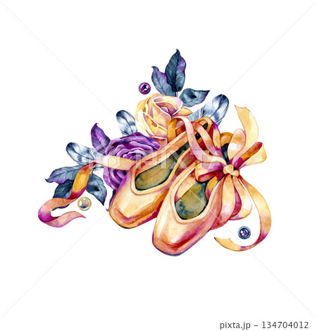 Elegant watercolor illustration set featuring ballet pointe shoes with flowing ribbons, roses, feathers and jewels. A romantic classical ballet theme perfect for feminine designs, stationery, decor 134704012