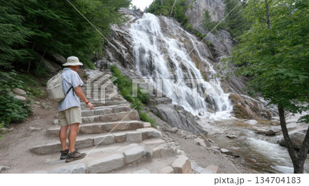 Man hiking near waterfall on stone stairs in forest with green trees and rocky terrain 134704183