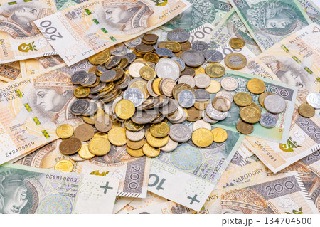 Grosz Coins on Polish 100 and 200 Zloty Money Filling the Frame 134704500