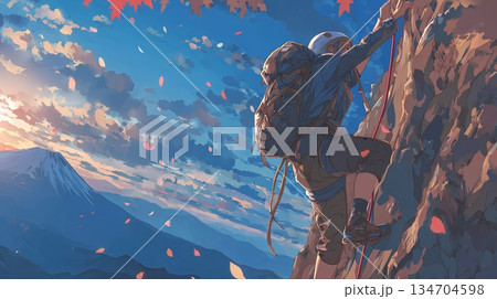 山頂で夕焼けを眺める登山者 134704598