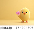 花を持ったひよこのキャラクター 134704806