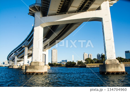 真っ青な快晴空の下の東京湾にかかる大きなレインボーブリッジと東京都のビル群 真っ青な快晴空の下の東京湾にかかる大きなレインボーブリッジと東京都のビル群 134704960