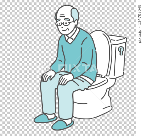 一位老人坐在馬桶上放鬆的插圖（方便排便、排泄、照顧） 134705049