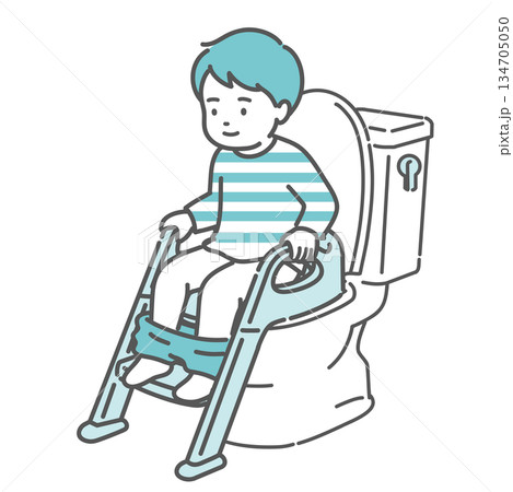 補助便座とステップを使ってトイレトレーニングをする男の子のイラスト（トイトレ・成功） 134705050