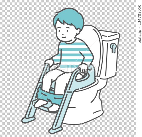 補助便座とステップを使ってトイレトレーニングをする男の子のイラスト（トイトレ・成功） 134705050