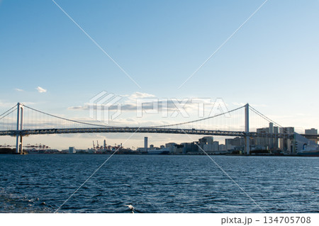 真っ青な快晴の空と明るい日差しの下の東京湾にかかる大きなレインボーブリッジと東京都のビル群 真っ青な快晴の空と明るい日差しの下の東京湾にかかる大きなレインボーブリッジと東京都のビル群 134705708