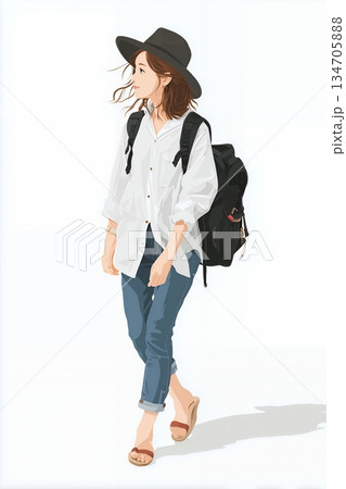 リュックを持って外出する若い女性 134705888