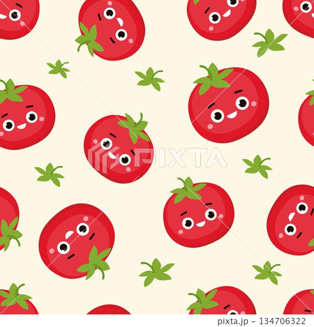 Seamless pattern with funny tomatoes and green leaves in cartoon style for children textiles Seamless pattern with funny tomatoes and green leaves in cartoon style for children textiles 134706322