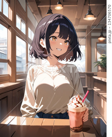 カフェでテイクアウトしてフラペチーノを飲む女性 134706570