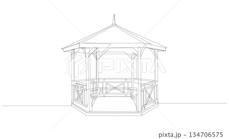 Summer garden gazebo continuous line drawing. Wooden construction minimalist black single line vector illustration. 134706575