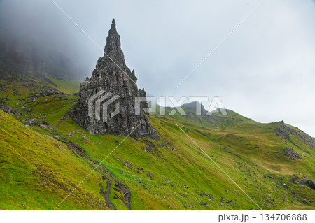 Dramatic rock pinnacle at Old Man of Storr Isle of Skye Scotland 134706888