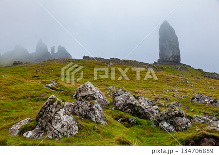 Misty Old Man of Storr pinnacles on Isle of Skye Scotland Misty Old Man of Storr pinnacles on Isle of Skye Scotland 134706889