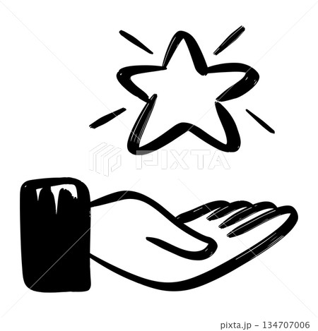 Hand reaching for or holding a shining star doodle illustration, concept of success, rating, and dreams. 134707006