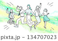 スタートアップのイメージイラストージャンプするビジネスパーソンーカジュアル服ー抽象的背景イラスト素材 134707023