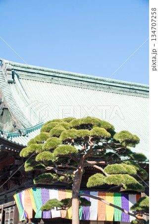 明るい真っ青な快晴の空の下の護国寺の歴史的な木造の建物 134707258