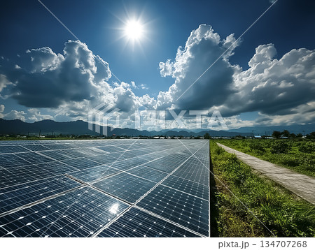 青空の下に広がる大規模太陽光発電所とクリーンエネルギーの未来 134707268