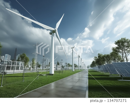 都市部に整備された風力発電と太陽光発電によるクリーンエネルギーインフラ 134707271
