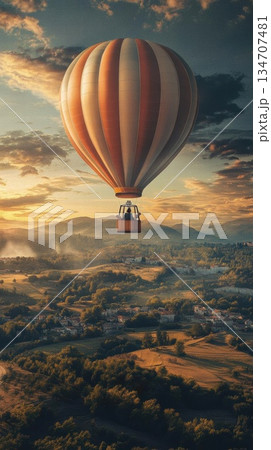 colorful hot air balloon flying over sunset sky 134707481