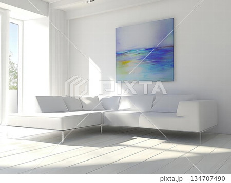 White Minimalist Living Room with a Coastal Abstract Painting 134707490