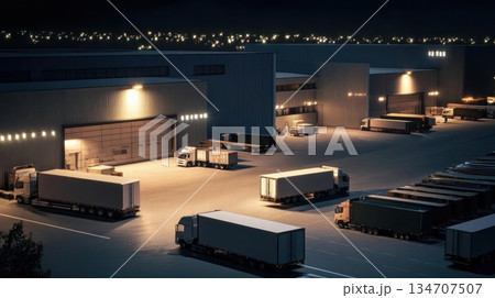 Trucks Loading at a Large Warehouse at Night Trucks Loading at a Large Warehouse at Night 134707507