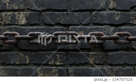 Rusty Chain on a Brick Wall - Symbol of Strength and Endurance Rusty Chain on a Brick Wall - Symbol of Strength and Endurance 134707525
