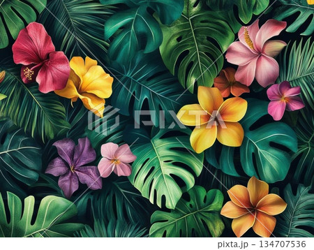 Vibrant Tropical Floral Paradise: A Lush Tapestry of Colors and Textures Vibrant Tropical Floral Paradise: A Lush Tapestry of Colors and Textures 134707536