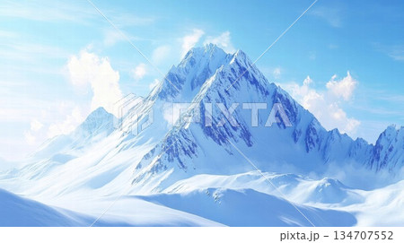 Snowy Mountain Peak with Blue Sky and Clouds 134707552