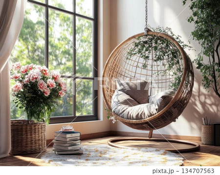 Relaxing Oasis: A Cozy Corner with a Hanging Chair and a View Relaxing Oasis: A Cozy Corner with a Hanging Chair and a View 134707563
