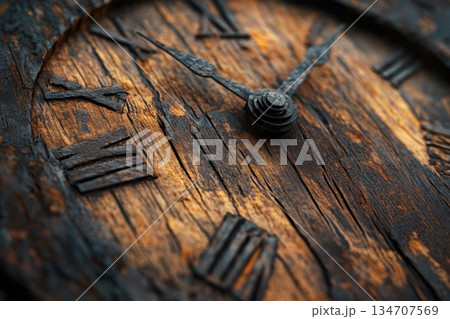 Time's Passage on Weathered Wooden Clock Face 134707569