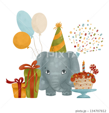 A festive watercolor pastel composition in a flat style, in autumn colors: little elephant, cake, candles, gifts, balloons. For printing design 134707812