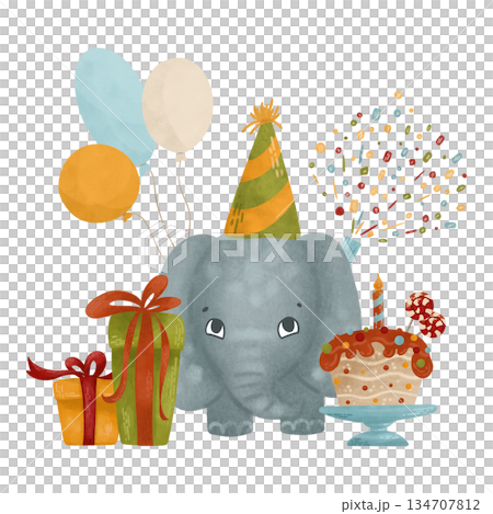A festive watercolor pastel composition in a flat style, in autumn colors: little elephant, cake, candles, gifts, balloons. For printing design 134707812