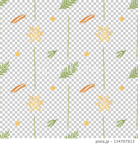 Seamless pattern: tropical leaves, ornament ethnic elements. Cartoon illustration in flat style. Watercolor, pastel, gouache, yellow, orange, green. Seamless pattern: tropical leaves, ornament ethnic elements. Cartoon illustration in flat style. Watercolor, pastel, gouache, yellow, orange, green. 134707813