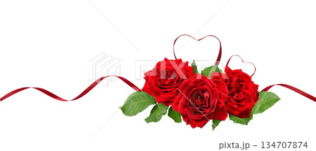 Red silk ribbon hearts and waves with rose flowers and leaves isolated on white for Valentine's day Red silk ribbon hearts and waves with rose flowers and leaves isolated on white for Valentine's day 134707874
