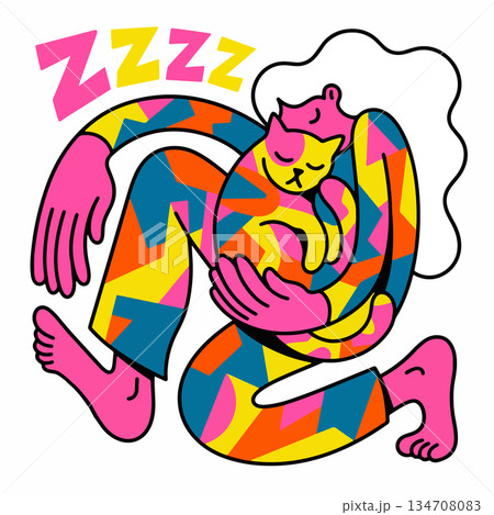 Woman Sleeping with Cat 134708083