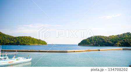 港の漁船と青い海 134708202