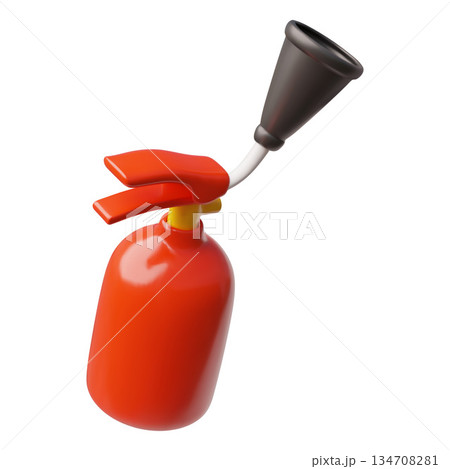 Red fire extinguisher 3D vector icon, carbon dioxide fire extinguisher with nozzle up, portable emergency equipment Red fire extinguisher 3D vector icon, carbon dioxide fire extinguisher with nozzle up, portable emergency equipment 134708281