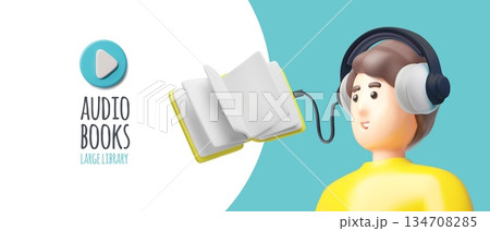 Audiobooks 3D cartoon vector banner design, man in headphones listens to audio book, online large library, literature 134708285