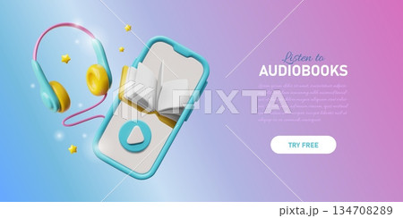 A 3D banner featuring a mobile phone with a button, a book, and headphones. A 3D banner featuring a mobile phone with a button, a book, and headphones. 134708289