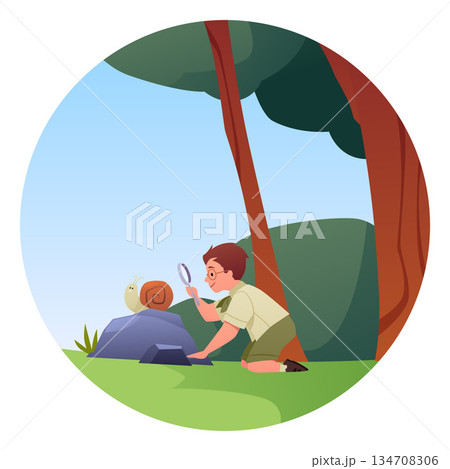 A round frame with a boy examining a snail on a rock through a magnifying glass. A round frame with a boy examining a snail on a rock through a magnifying glass. 134708306