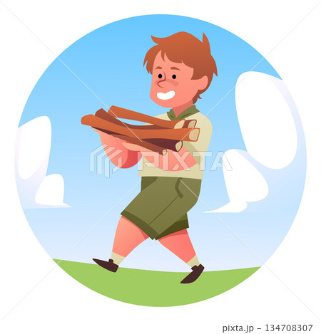 A round frame with a boy scout carrying firewood against a blue sky. 134708307