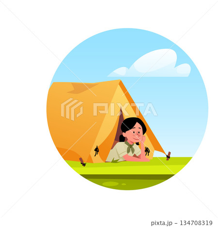 Girl scout resting in tourist camping tent, campsite equipment, vector cartoon kid in yellow tent for nature traveling Girl scout resting in tourist camping tent, campsite equipment, vector cartoon kid in yellow tent for nature traveling 134708319
