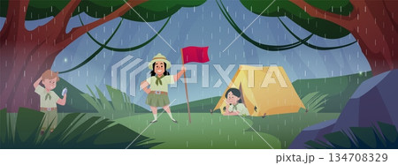 Scout kids camp in forest in rainy weather, scouts resting in camping tent, exploring compass, summer outdoor activities 134708329