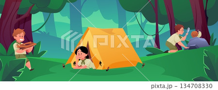 Scout kids camp in forest, group of scouts resting in camping tent, preparing firewood for a fire and examining insects 134708330