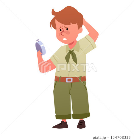 Scout boys exploring compass, vector tourism hiking orientation to the direction, camping and travel equipment 134708335
