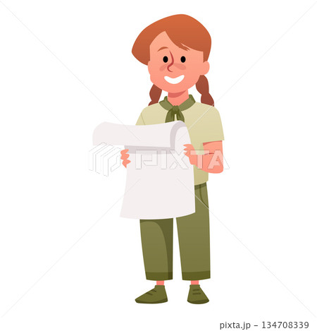 A smiling girl scout in a green uniform holding a piece of paper. 134708339