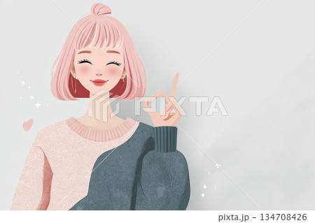 絵美シリーズ：ウインクしながら案内するピンクヘアの女性 134708426